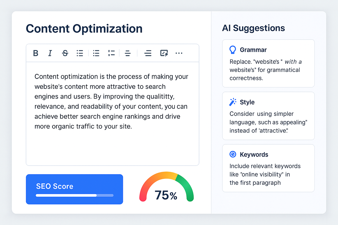 AI content optimization tool interface showing real-time SEO improvements