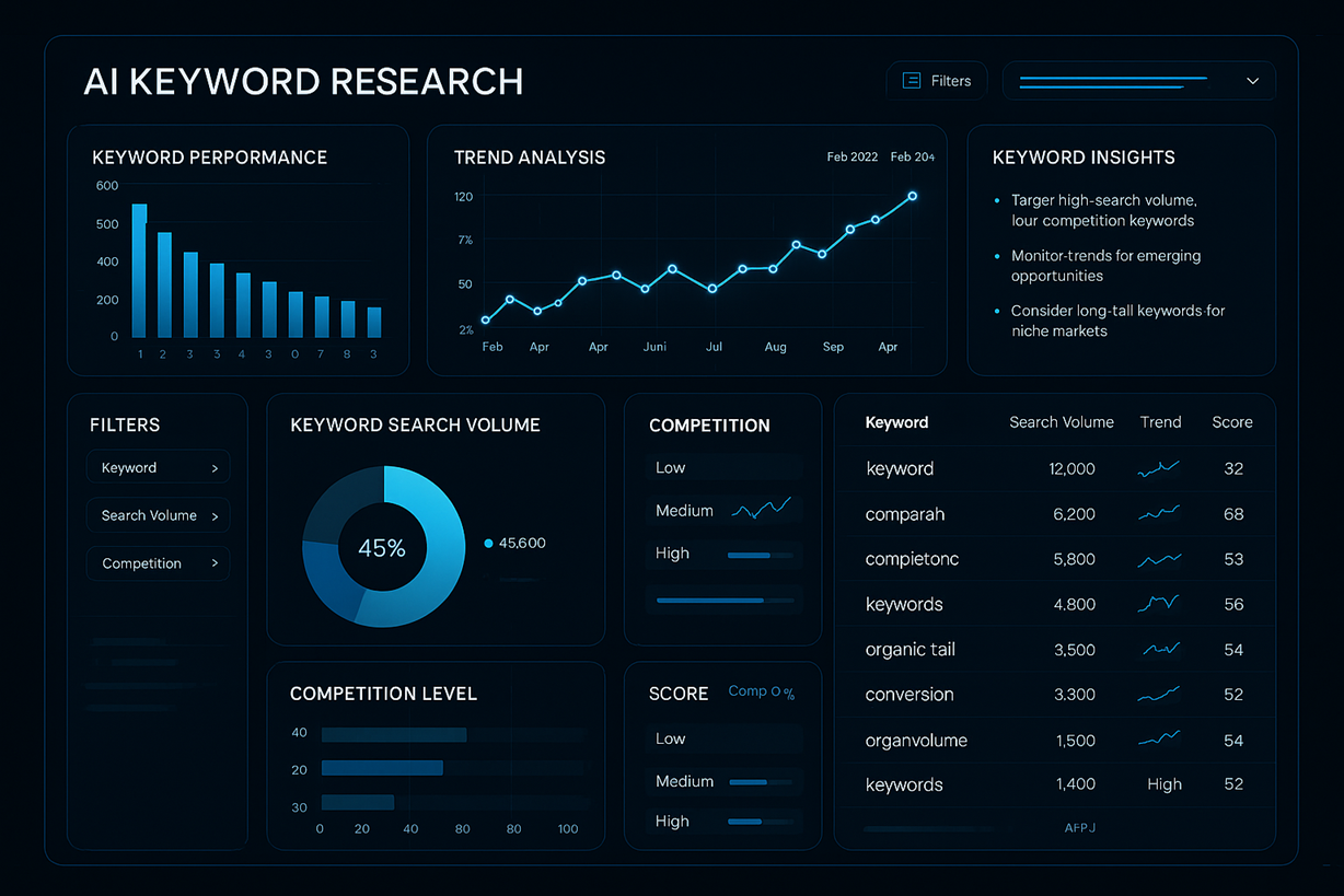 AI-powered keyword research dashboard with analytics and data visualization